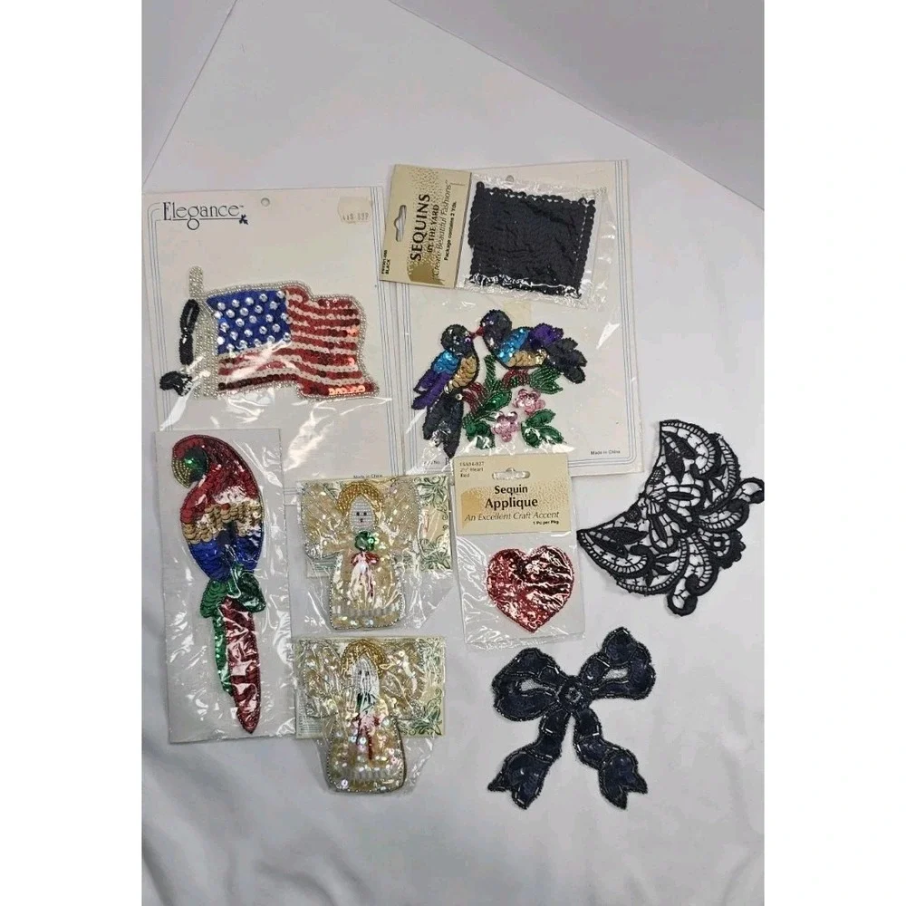 Vintage Sequin Applique Lot Parrot Flag Angel Lace‎ Trim Craft Mixed Bundle